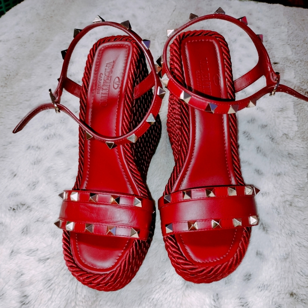 Valentino Garavani Red Rockstud leather torchon espadrille wedge
